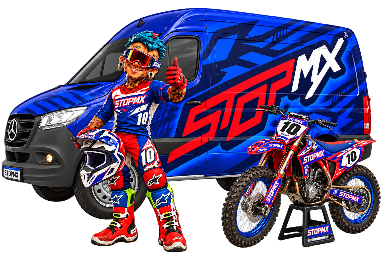 Van StopMX, mascote e moto